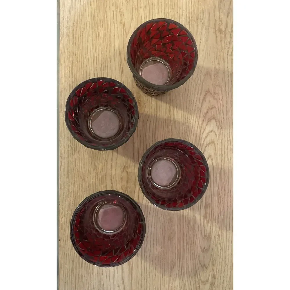 (Set of 4) VTG 2.75” H Pier 1 Red/Gray Mosaic Tea Light Votive Candle Holders